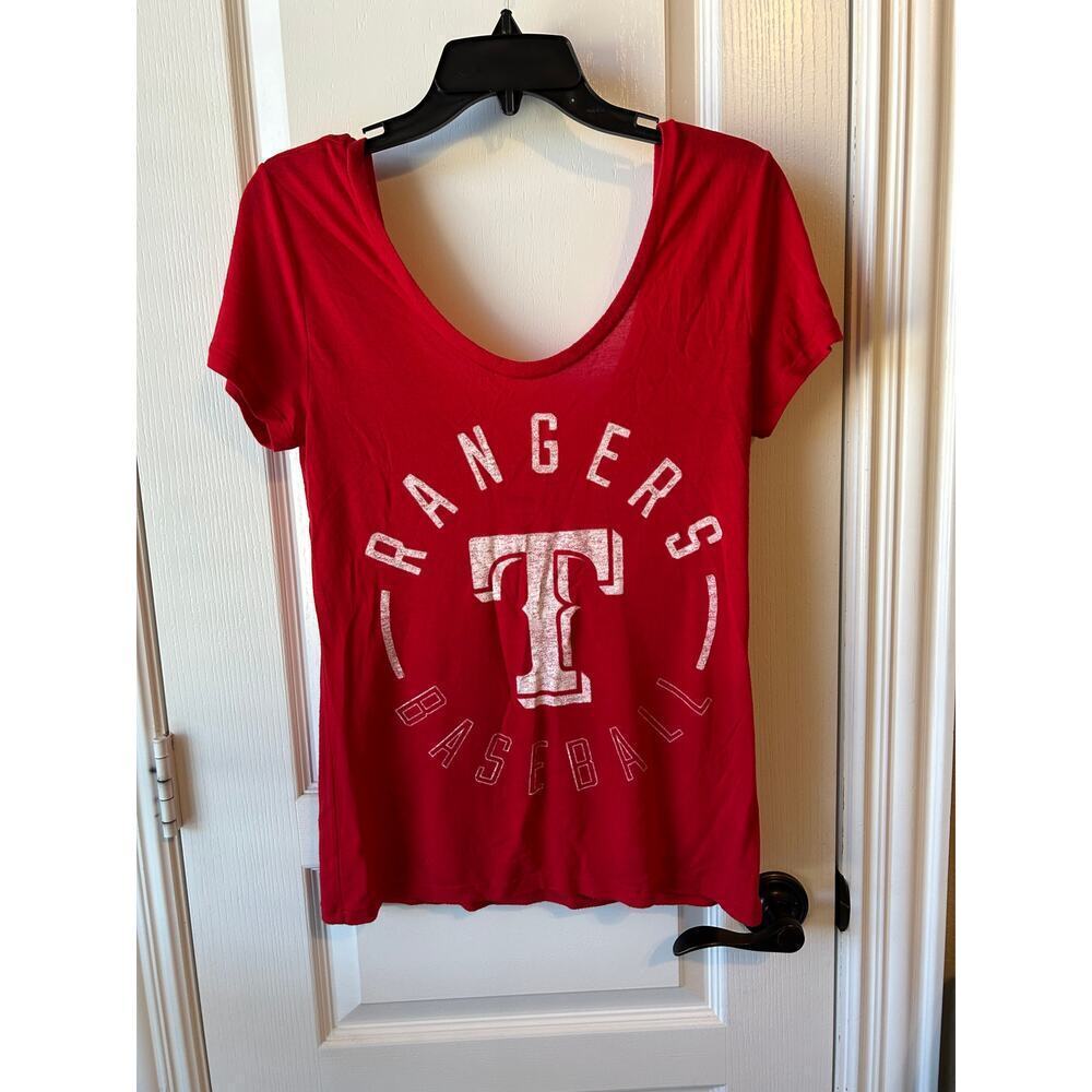 Texas Rangers Red and White Pink Brand Scoop Neck Soft Tee